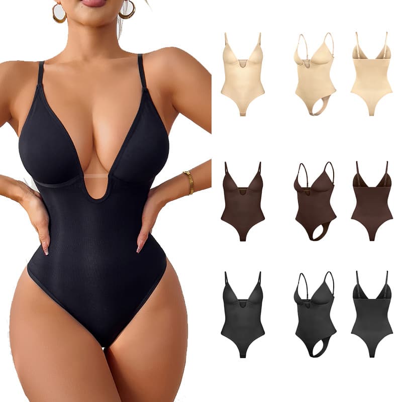 In stock cross-border best-selling hit deep V-neck sexy waist-cinching shaping open-crotch thong style bodysuit women.