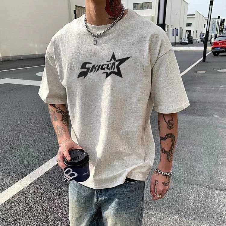 Letter Print American Retro Summer Round Neck Short Sleeve T-Shirt for Men, Loose Fit in White and Gray, with Tag