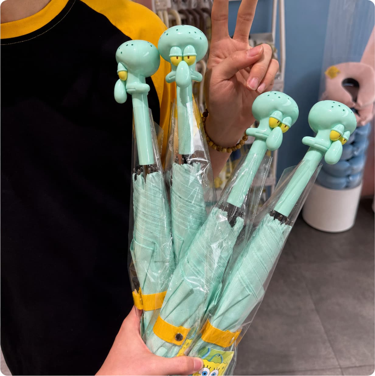 SpongeBob Bikini Bottom Residents Octopus Direct-Bone Umbrella, Portable Three-Fold Umbrella for Outdoor, Mermaid Man Surfing Design