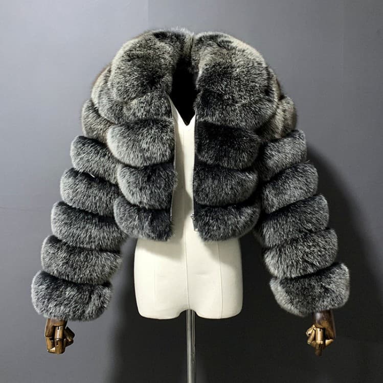Faux Fox Fur Trim Short Collar Long Sleeve Coat for Women, Wholesale Stock