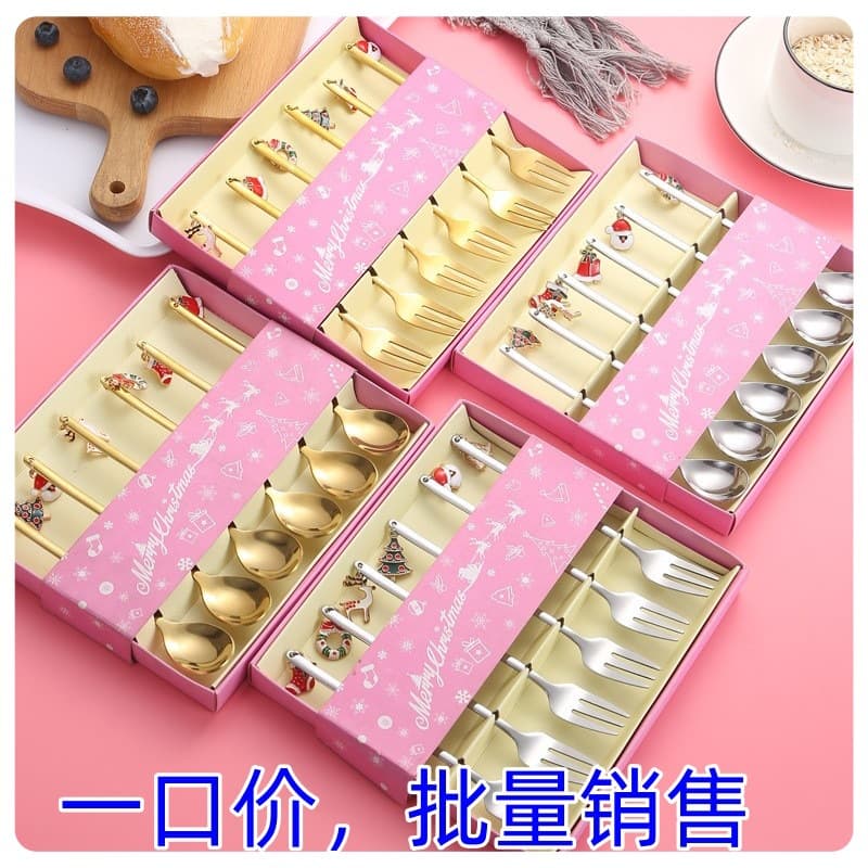 Christmas ornament cartoon coffee stainless steel stirring spoon and fork gift set, cute gift fruit fork and spoon
