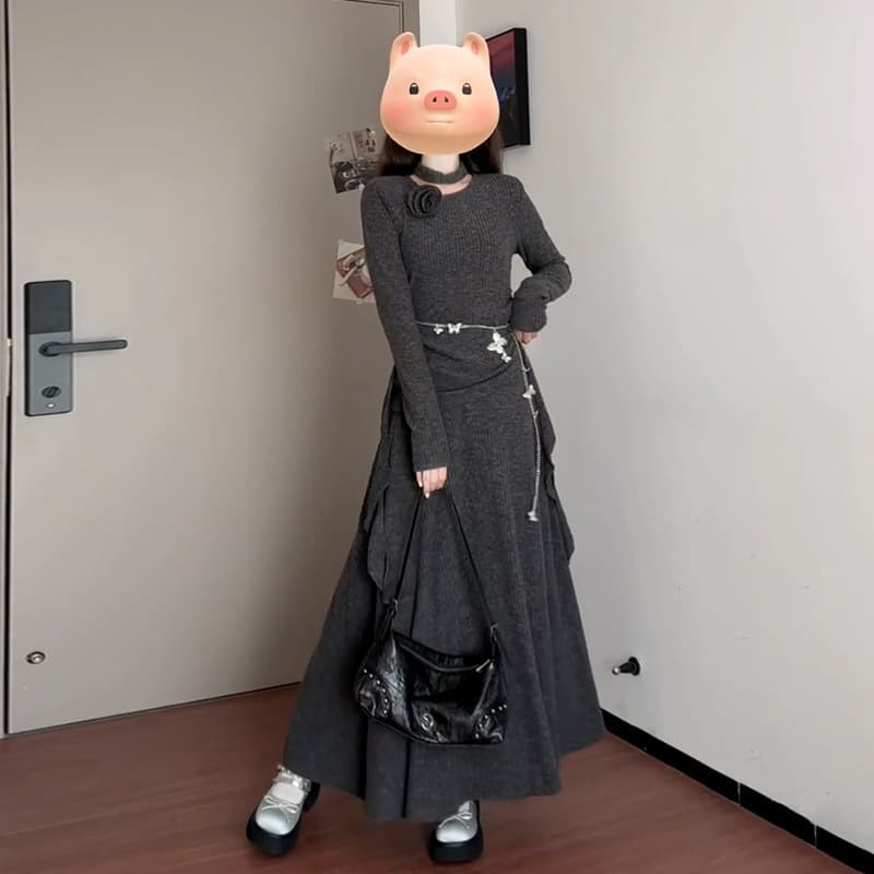 Irregular Gray Knit Dress Women's Autumn Winter 2025 New French Style Elegant High-end Sense Little Fragrance Long Dress