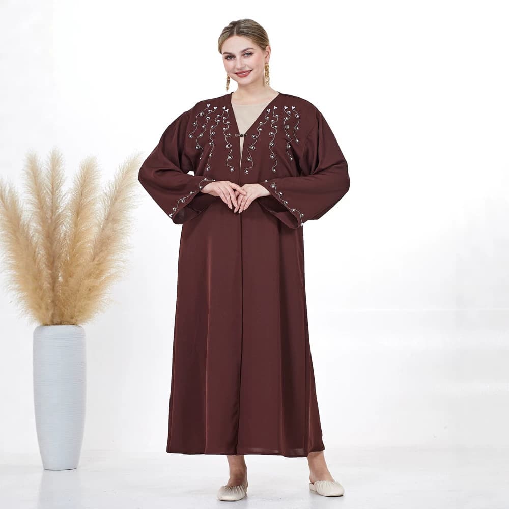 F497 Women's Foreign Trade Clothing Cross-border Rhinestone and Pearl Cardigan Long Dress Fashionable Loose Long Dress In Stock Nida Fabric