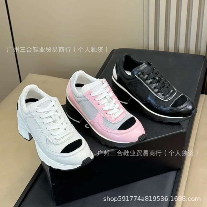 2026 New Little Chanel Style Chunky Heel Height Increasing Sports Shoes Xiaohongshu Same Style Mesh Black and White Panda Dad Shoes