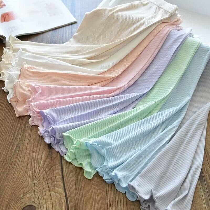 Girls Macaron Ruffle Ice Silk Ribbed Slim Fit Korean Style Leggings Baby Girls Thin Pants Summer