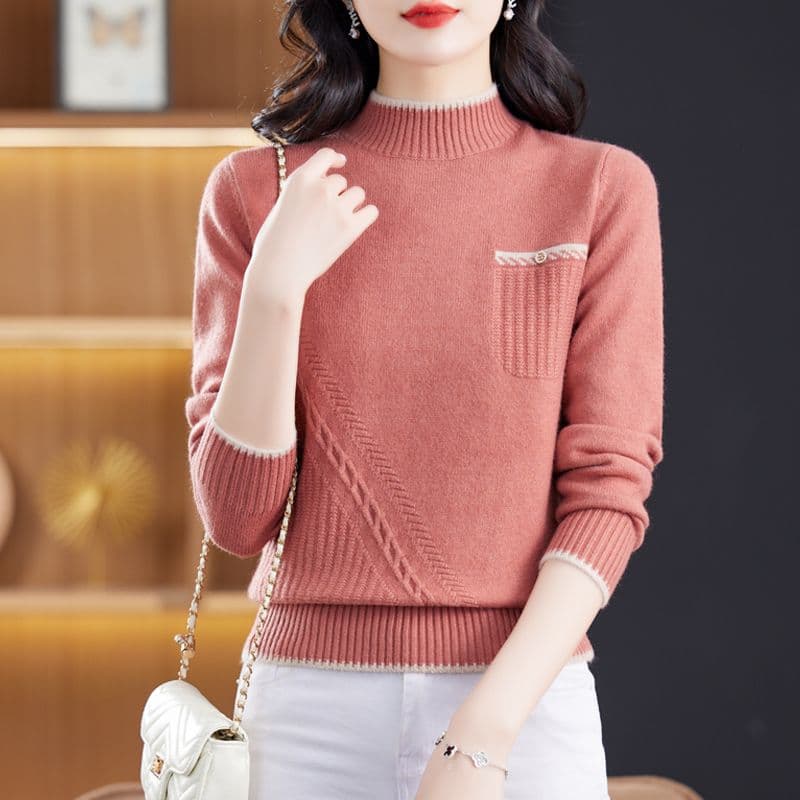 Autumn/Winter New Style Base Layer Mom Sweater Women Semi-High Neck Short Thickened Base Layer Warm Knit Base Shirt