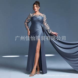 AliExpress Cross-border Satin Mermaid Evening Dress 2026 New Sequined Long Sleeve Split Plus Size Gown for Annual Party Host