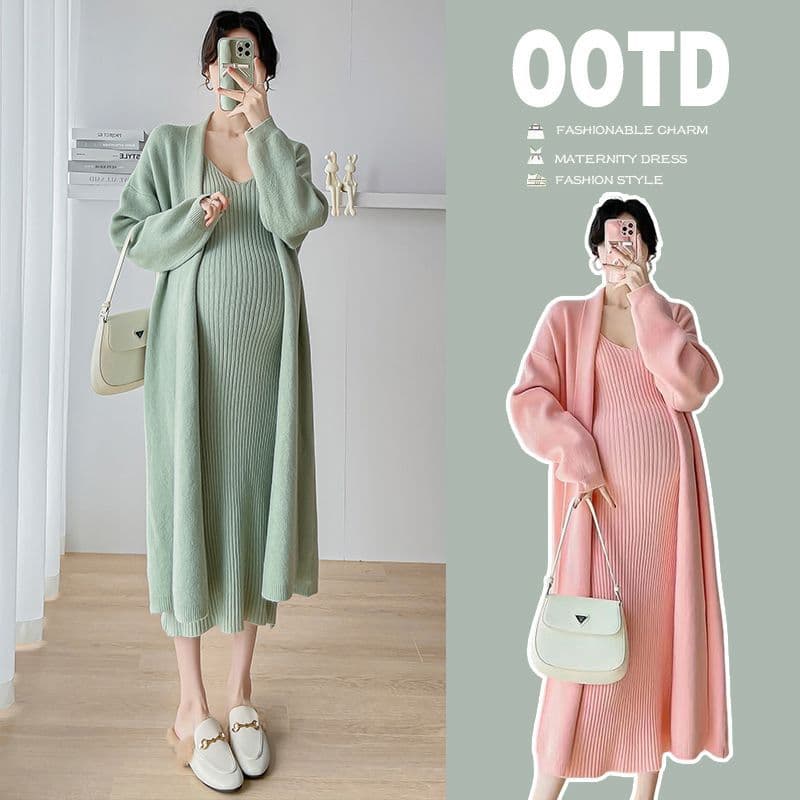 Maternity Autumn Outfit New Arrival, Petite Plus-Size Knit Cardigan and Slimming Dress for Spring and Autumn Fashion