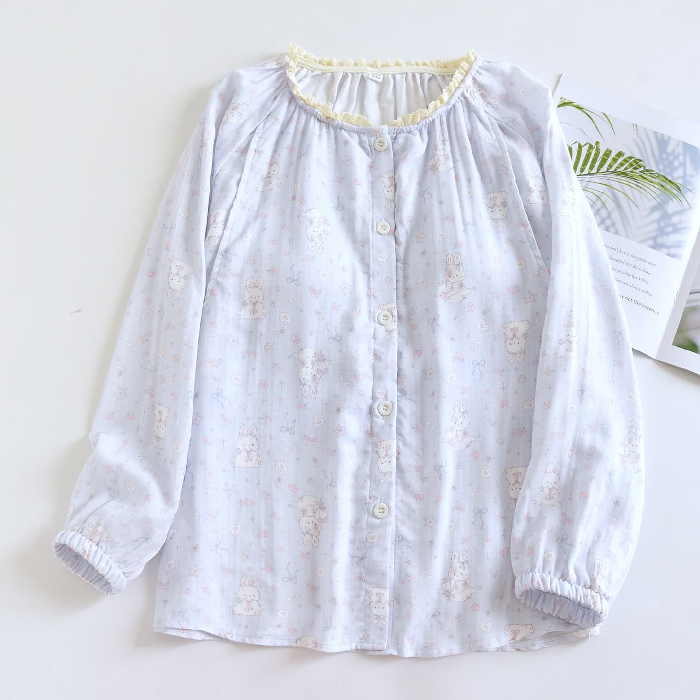 Long-Sleeve Maternity Top for Postpartum, Spring/Summer Nursing Sleepwear, Gauze Homewear, Bamboo Cotton Set, Breathable