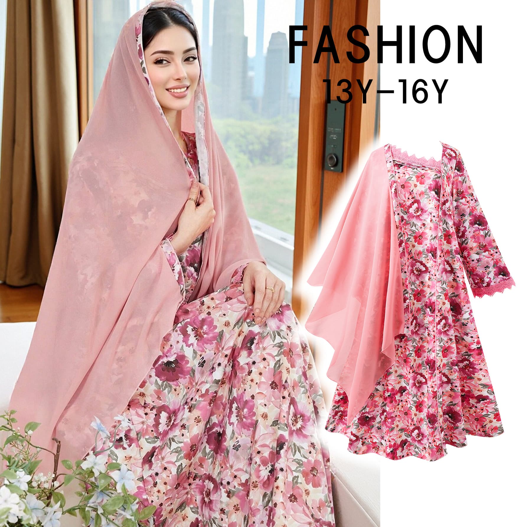 Cross-border youth dress spring floral all-over printed off-shoulder lace collar long-sleeved blouse girls skirt