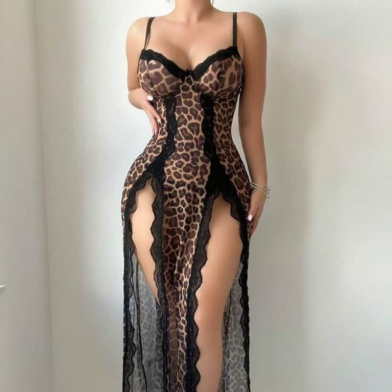 Cross-border European and American sexy lingerie nightgown leopard print suspender skirt set lace pajamas sexy nightgown two-piece temptation