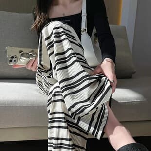 Draped Drawstring Wide-Leg Pants 2026 Spring/Summer New Women's Black and White Stripes Versatile Student Outdoor Long Pants Trendy