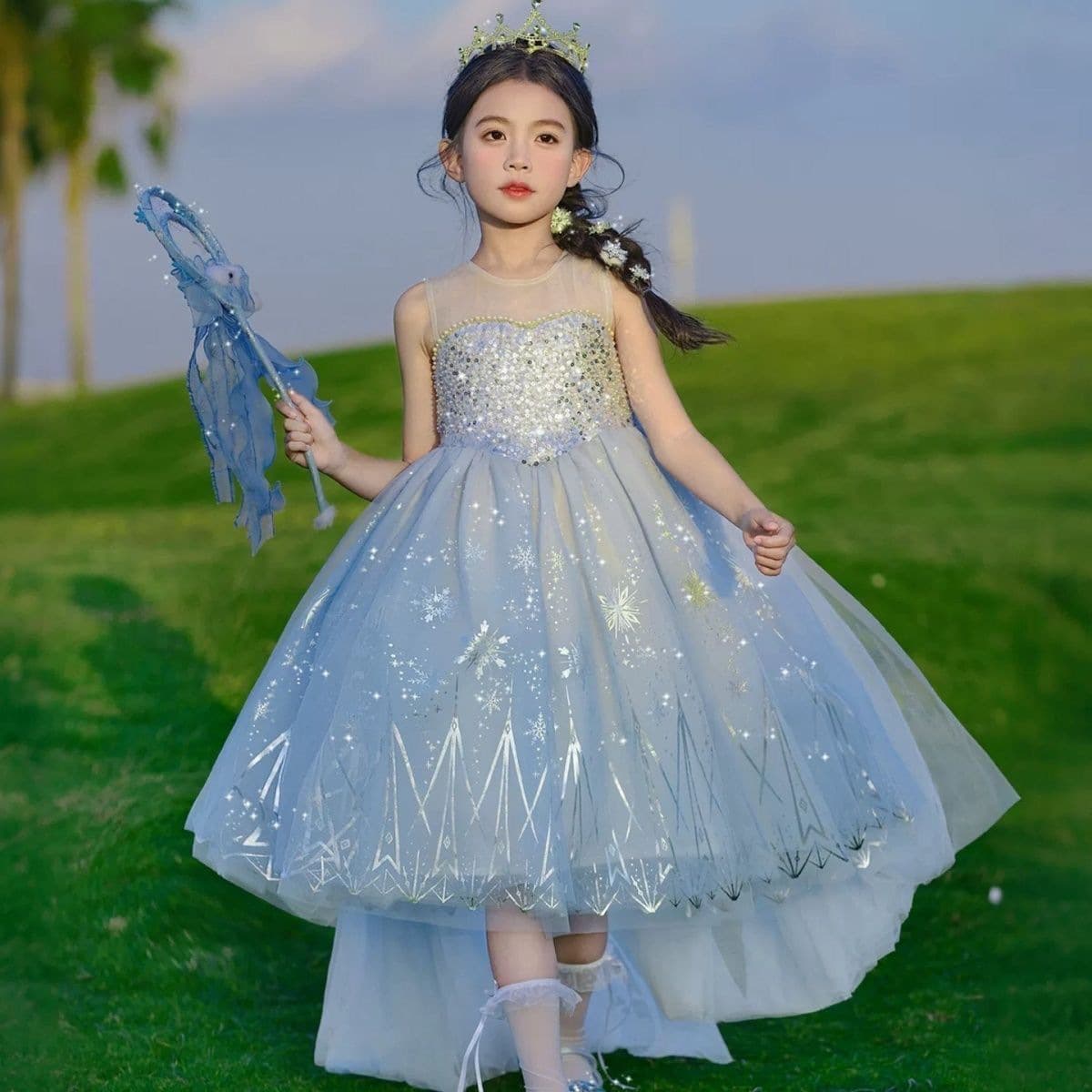 Girls' Frozen Elsa Princess Dress Sleeveless Trailing Mesh Skirt Children's Birthday Performance Dress Dress Summer