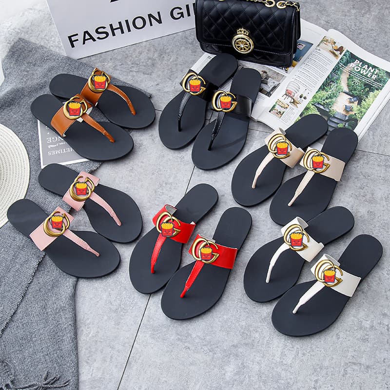 Gujia Flat Slippers Women Summer Fashion Flip-flops Outdoor Leather Thong Sandals European and American Toe Clip Sandals