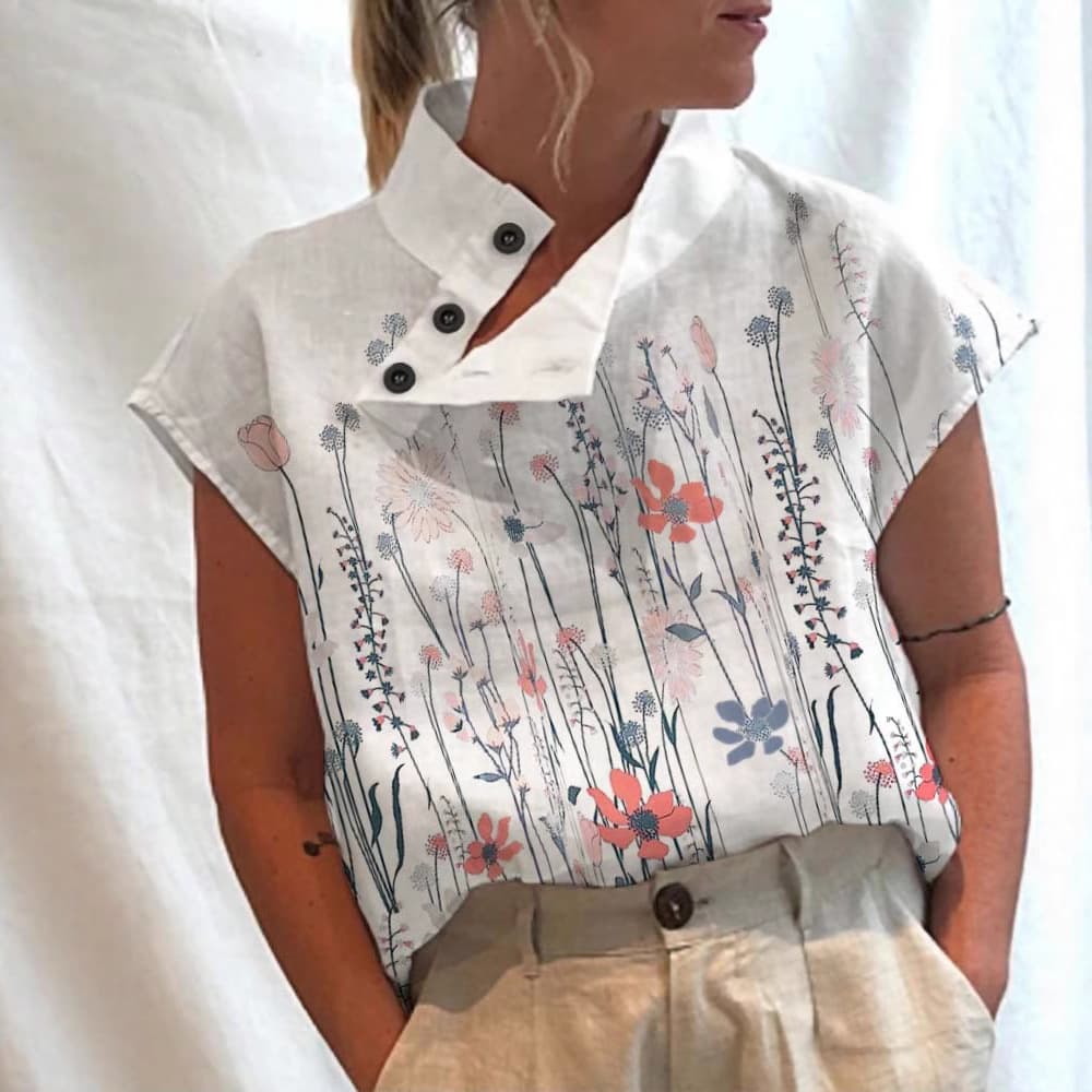 2023 New Women's Casual Stand Collar Short Sleeve Regular Pullover Digital Print Top T-Shirt for Cross-Border Trade