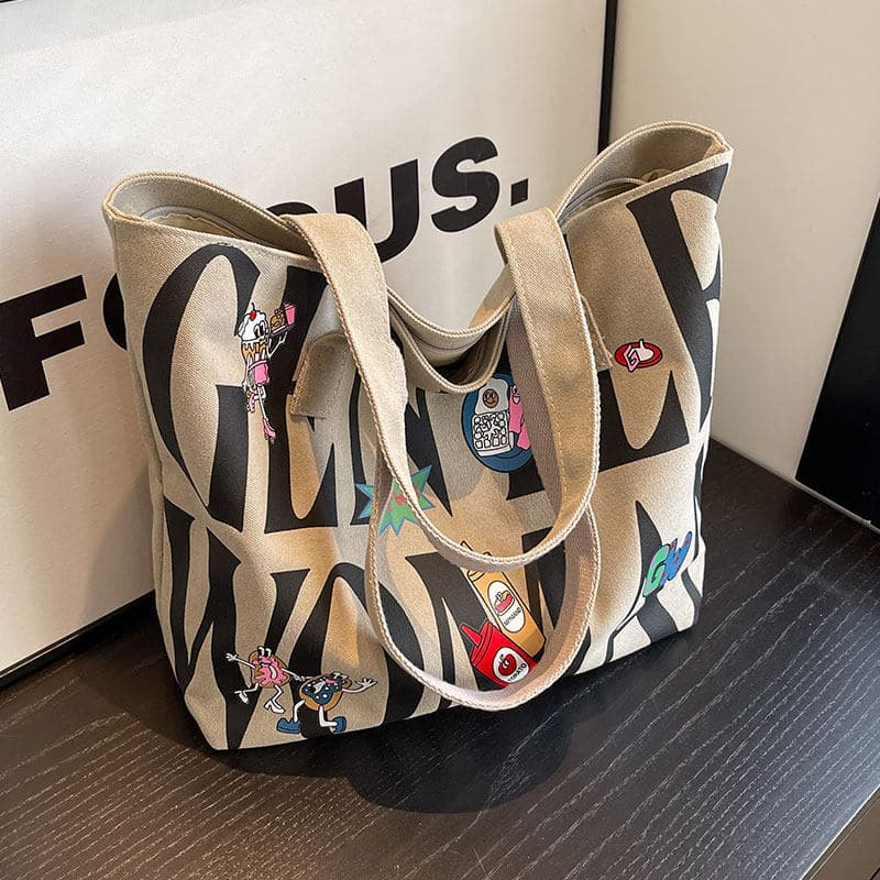 Letter canvas bag for women large capacity 2026 new casual handbag student class shoulder bag tote bag