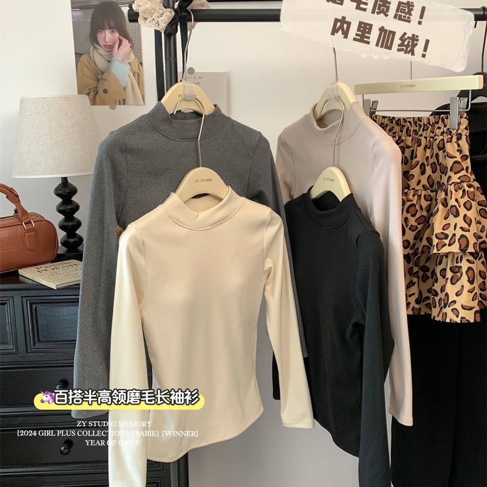 5071# Brushed Fleece High-Neck Long-Sleeve T-Shirt, Winter Thermal Innerwear with Padded Bust, Solid Color Slim-Fit Base Layer Top