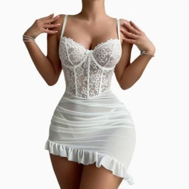 Push-up Lingerie See-through Nightgown Cross-border Europe and America Export Steel Ring Set Strap Mesh Lace Sexy