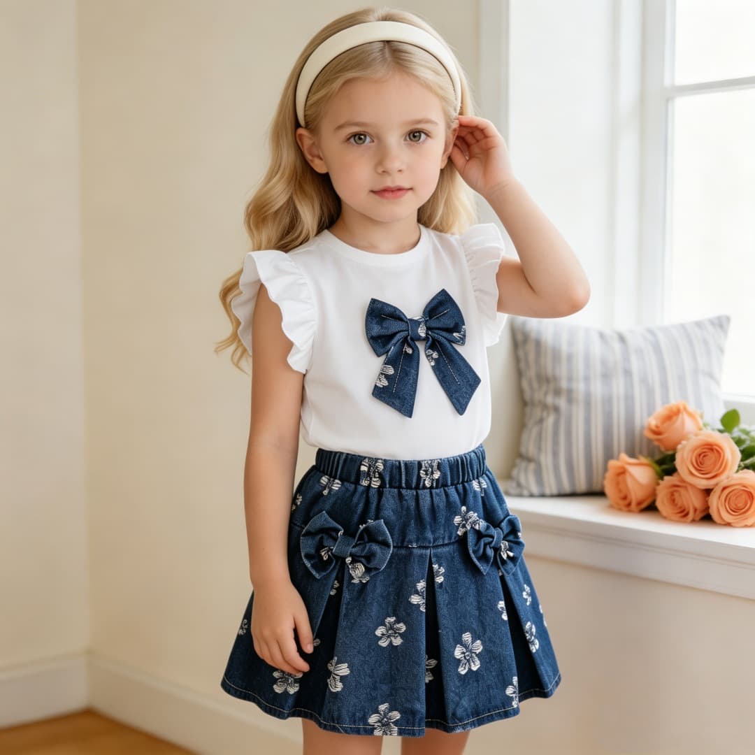 Young Girls Clothes 4-8Y girls summer flying sleeve bow top + denim pleated skirt