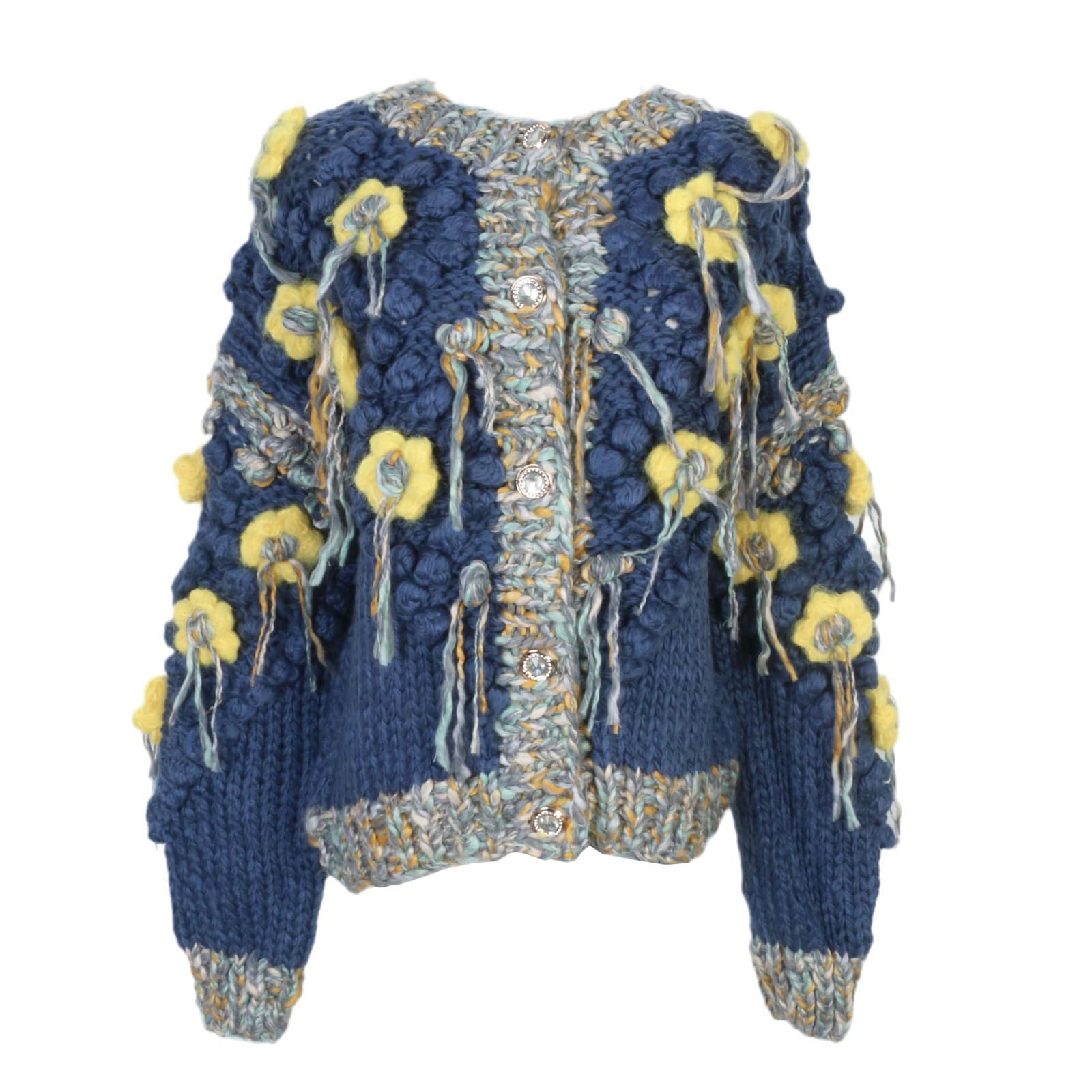 Hand Knitted Lazy Style Color Block Tassel 3D Flower Loose Women's Sweater Coat Fashionable Open Cardigan Long Sleeve Woolen Top