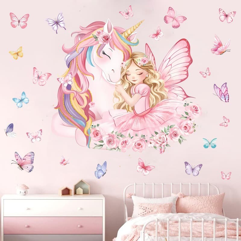 Big Unicorn Wall Sticker Pink Fairy Butterfly Wall Sticker Baby Nursery Bedroom Girls Room Home Decor
