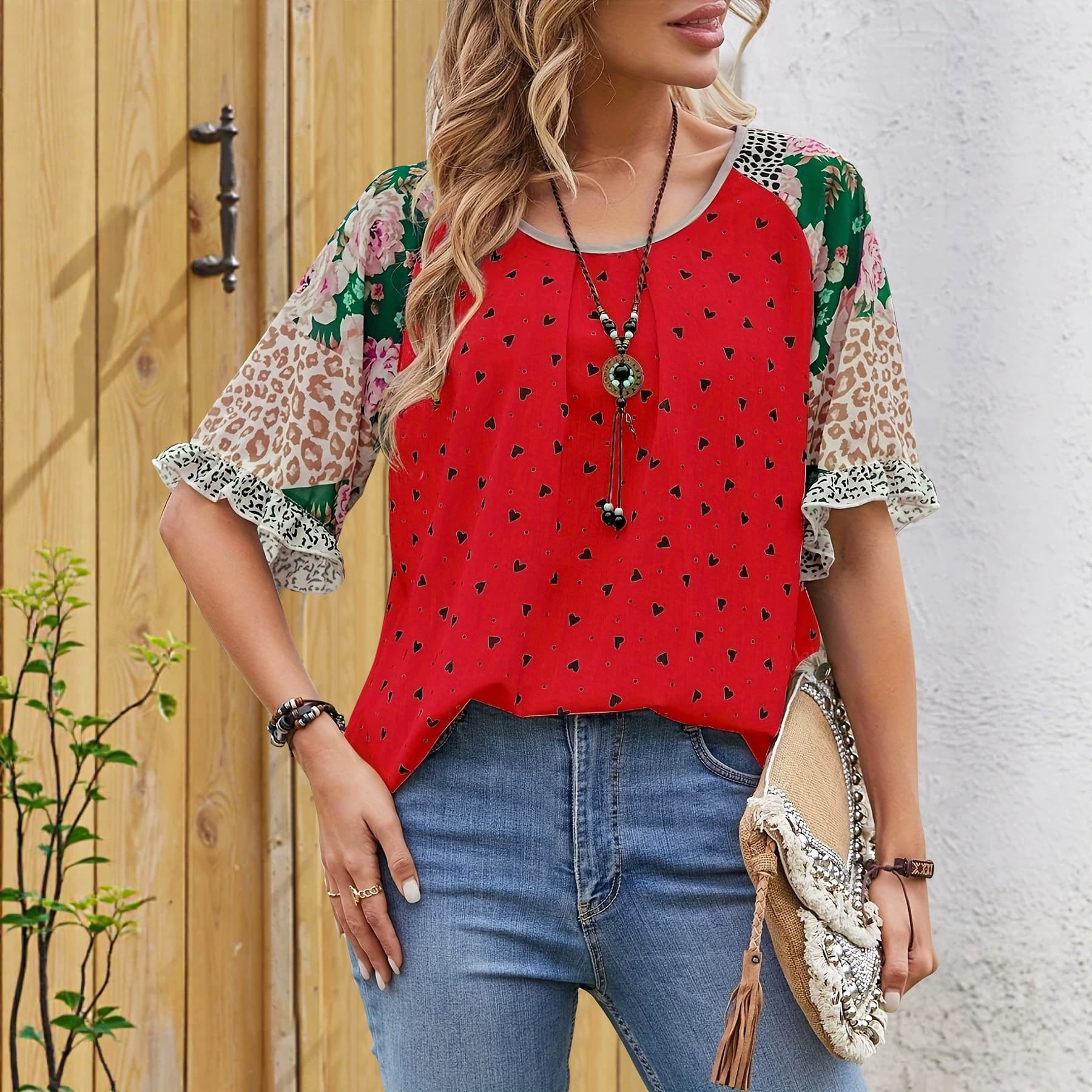 Summer Women's Loose Round Neck Contrast Print Top Leopard Floral Patchwork Half Sleeve T-Shirt Overseas Warehouse
