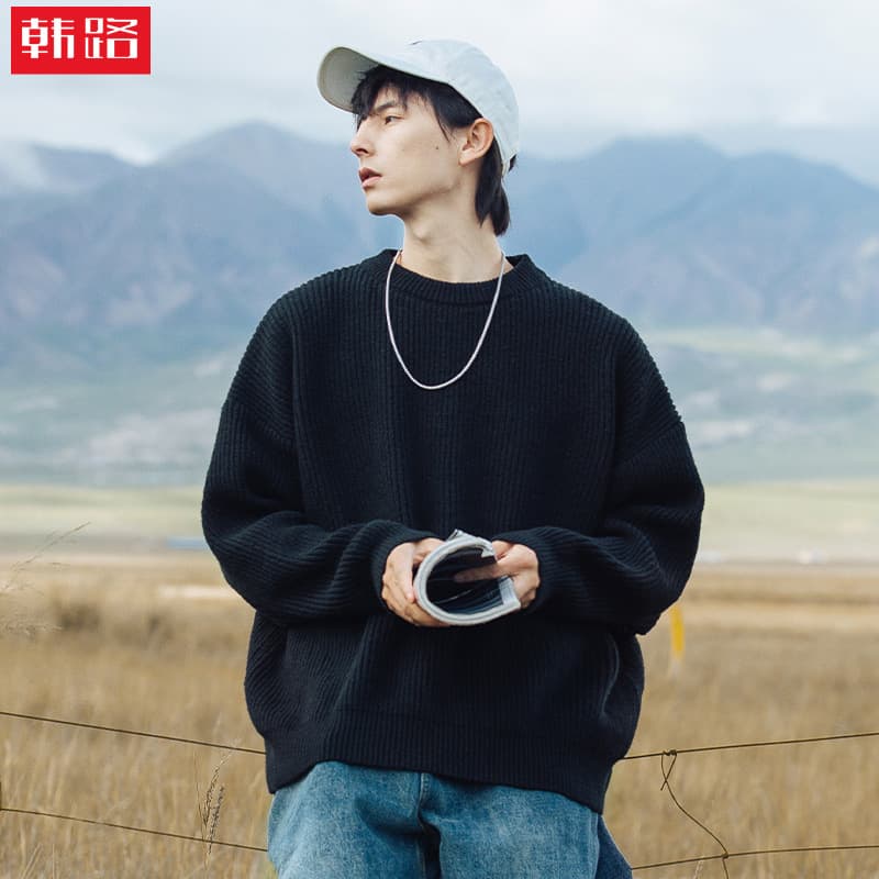 Solid color thick needle rib texture sweater men's autumn/winter new couple Japanese style retro loose round neck heavyweight knitted shirt