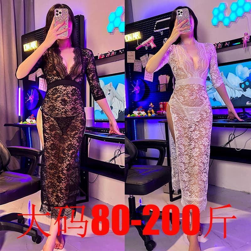 Plus Size 200 Jin Sexy Lingerie Women's Lace Nightgown Passion Sheer Slit Uniform Temptation 620