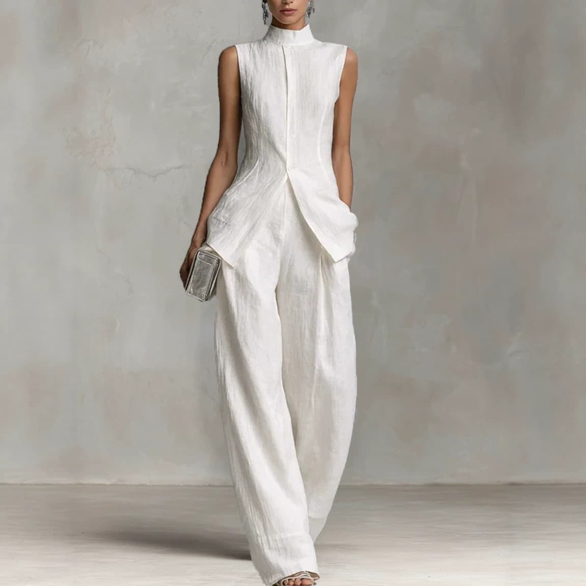 2026 Amazon European and American New Cross-Border Women's Cotton and Linen Stand-Collar Sleeveless Shirt Casual Loose Pants Set for Women