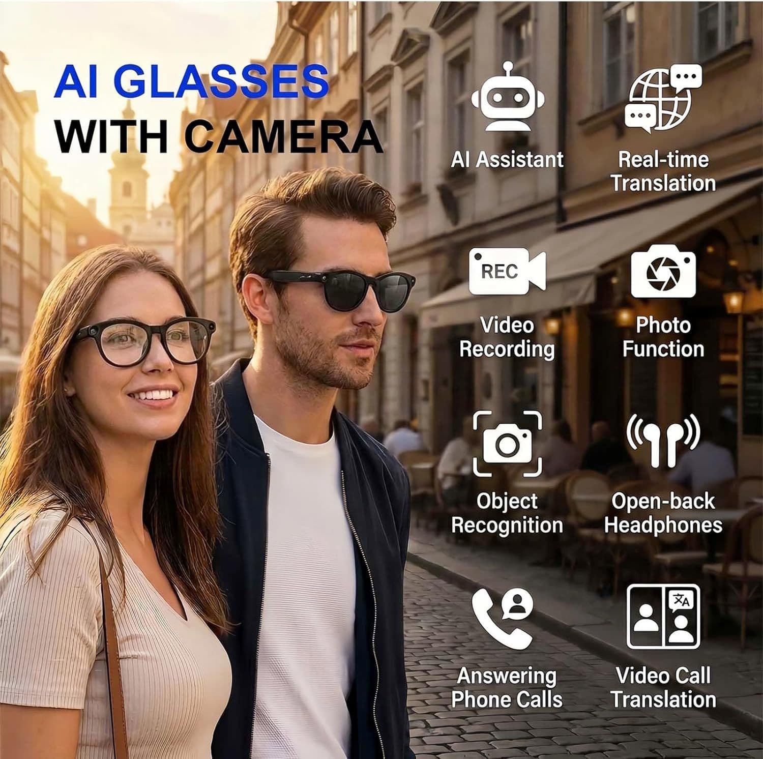 Cross-border AI Smart Translation Glasses AI Object Recognition 8MP HD Camera Photo Music Recording Bluetooth Call