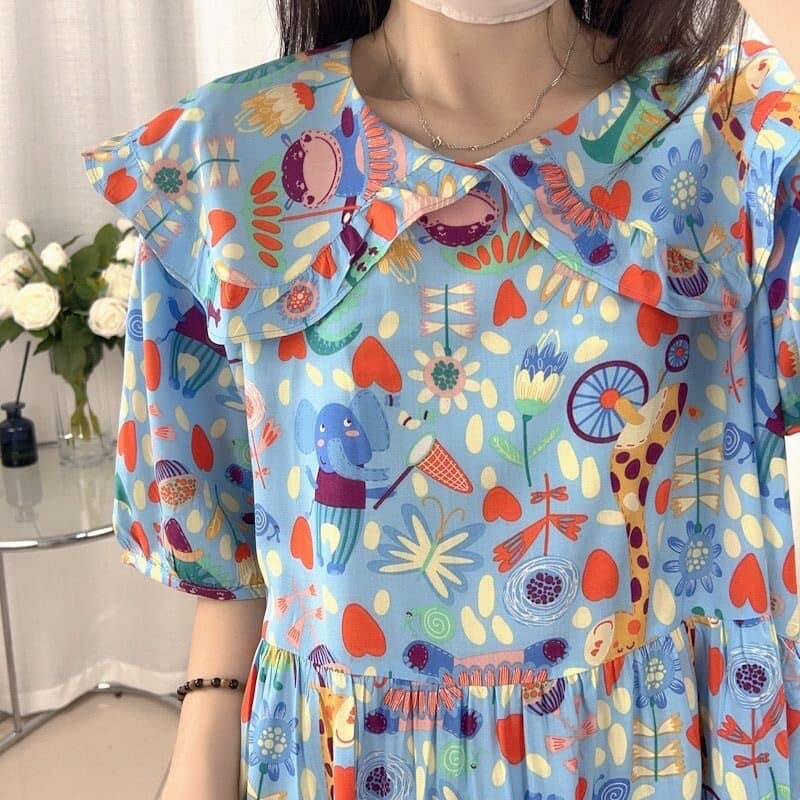 New Summer Cotton Voile Dress with Peter Pan Collar, Lengthened, Sweet, Slimming, Printed, Homewear, Maternity Wear, Usable as Outerwear, Cinched Waist