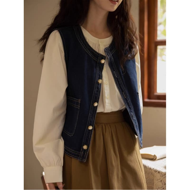 Vintage Retro Denim Vest Jacket Spring Autumn Outerwear Petite Design Waistcoat Women 3190