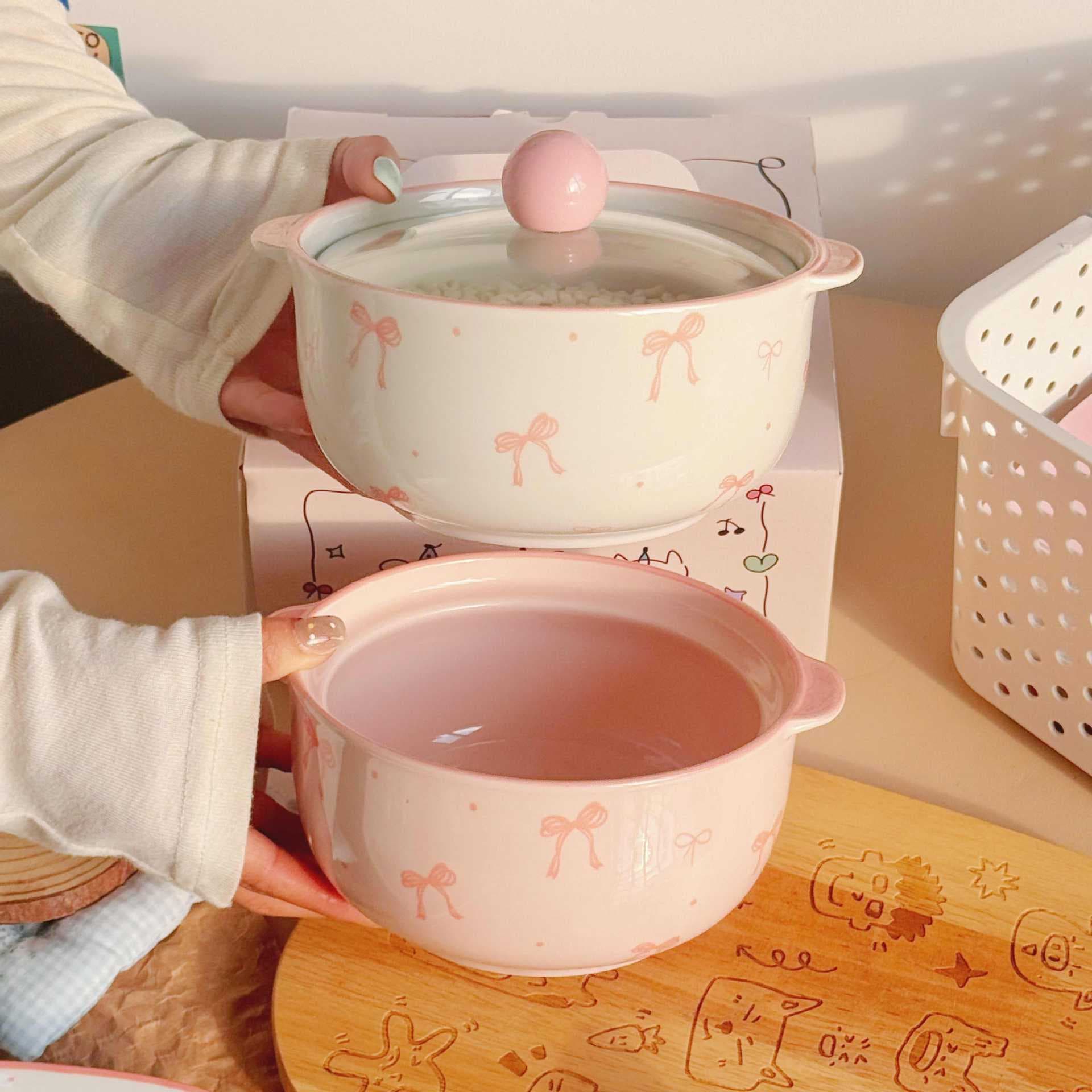 Bowknot Underglaze Ceramic Instant Noodle Bowl with Lid, Thick and Stylish, Home and Student Dorm Soup Bowl, Luosifen Bowl