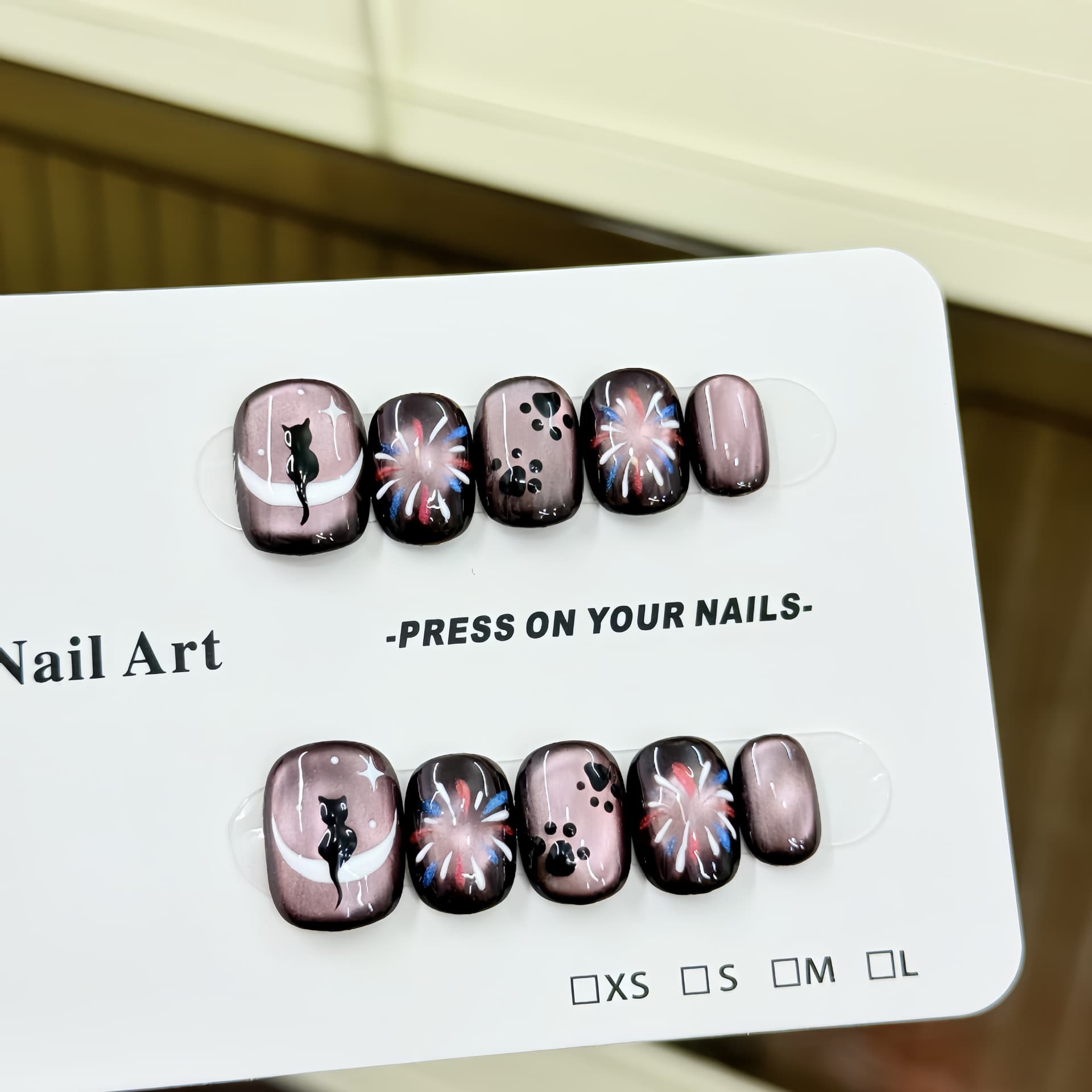 Civet on the Moon Purely Handmade Wearing Nails Purely Hand-painted Fireworks Cute Cat Cat Eye Therapy Nails False Nails Nail Art Stickers