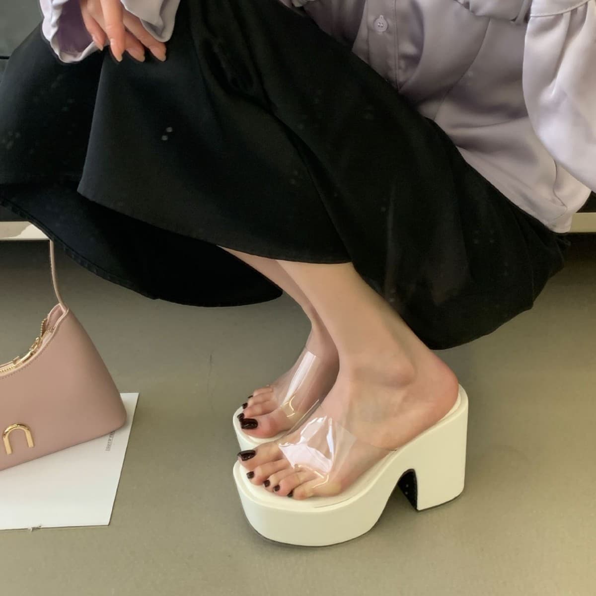 Small Transparent High Heel Sandals with Chunky Heel, Platform, Thick Sole, Lightweight and Fashionable White Peep-Toe Slippers for Women