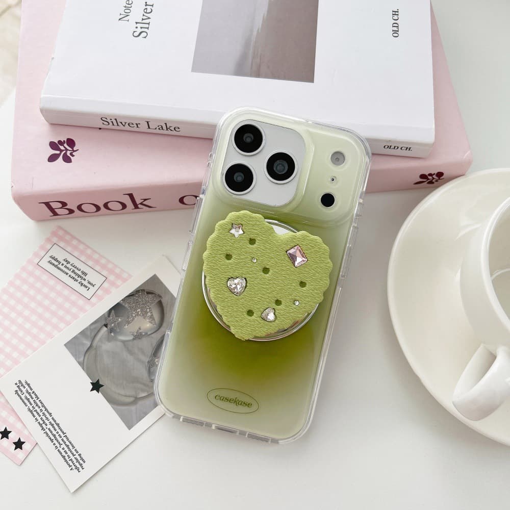 Fresh Light Green Gradient Phone Case for Apple 17 PRO Cookie Rhinestone Stand iPhone 16/15 PRO
