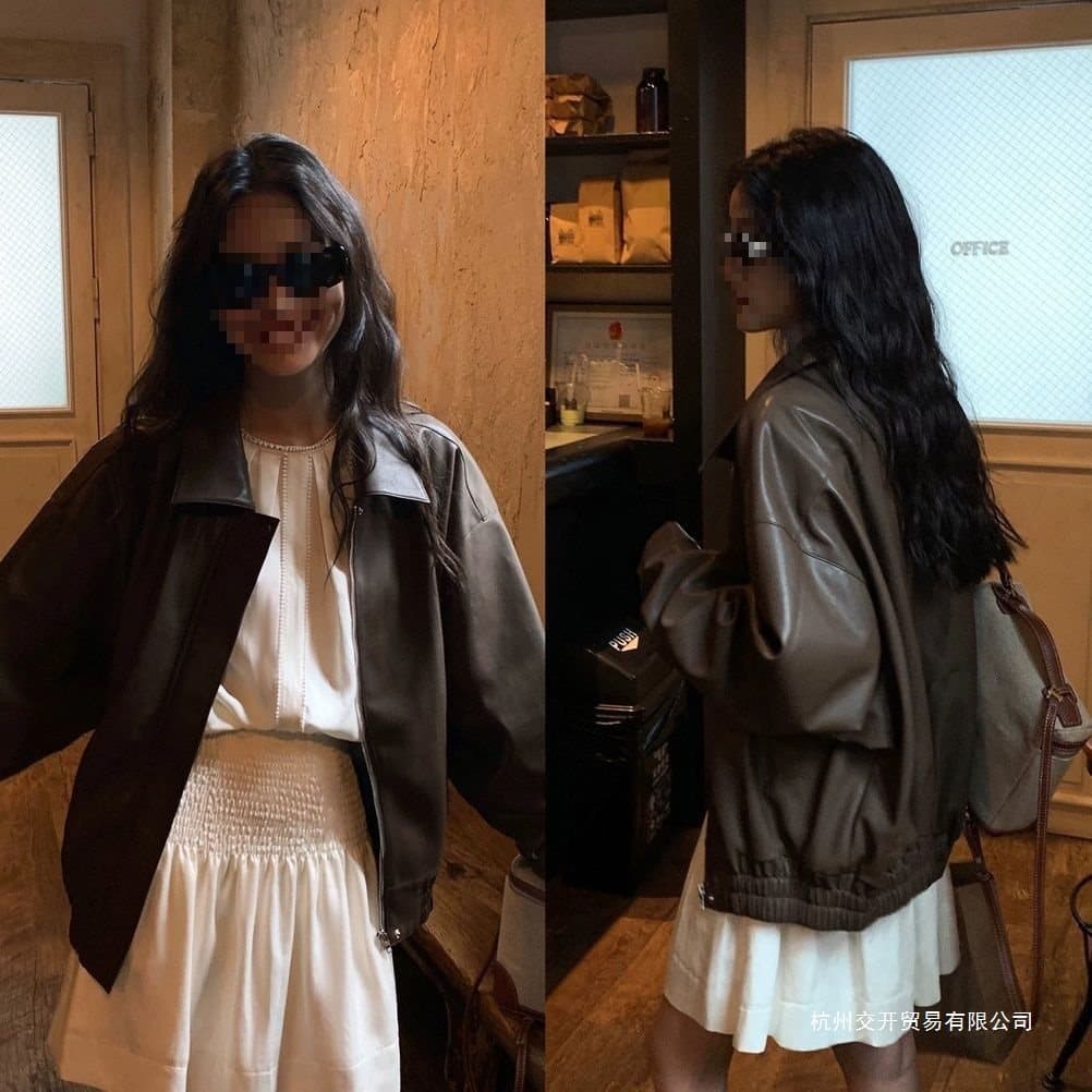 Women's Brown Retro Leather Jacket, Autumn New Arrival Korean Style Loose Petite Motorcycle Biker Jacket Top