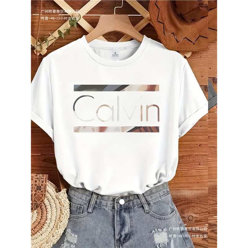 Women's Short Sleeve Letter Print T-Shirt Crew Neck Casual Top EU Size Ca Calvin LV Europe America