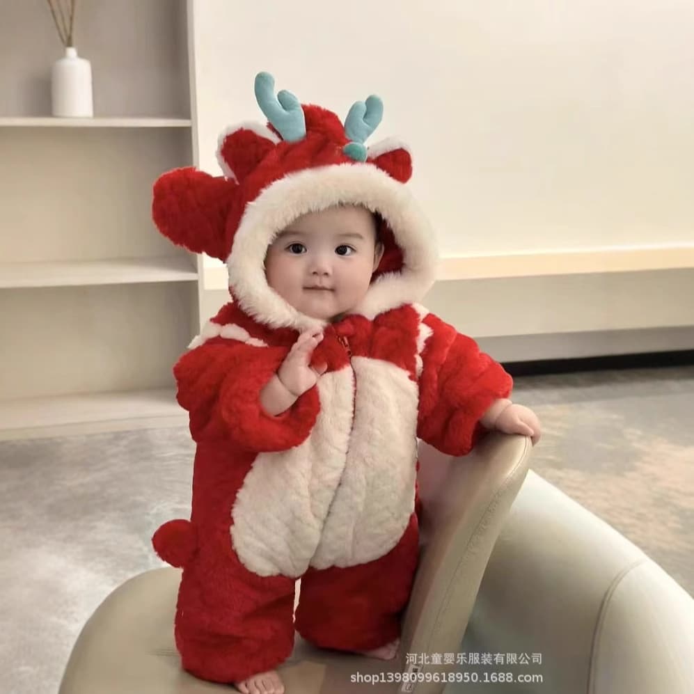 Adorable New Year Baby Romper Winter Dragon Year Outfit Festive Toddler Year End Clothes Long Sleeve Hooded Polyester Fiber