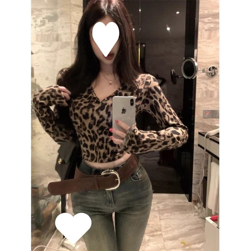 Factory Wholesale Retro Leopard Print V-Neck Long Sleeve T-Shirt for Women, Fall American Style Fitted Layering Top