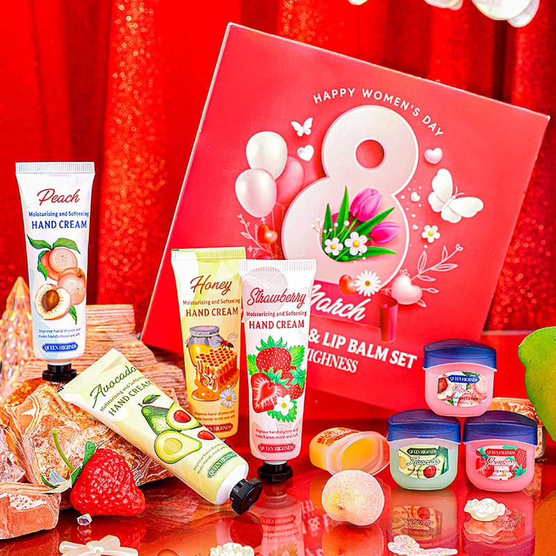 Cross-border Best Seller QUEENHIGHNESS 4928 Women's Day Lip Mask & Hand Cream 8-Piece Set Pink Series Hydrating & Nourishing