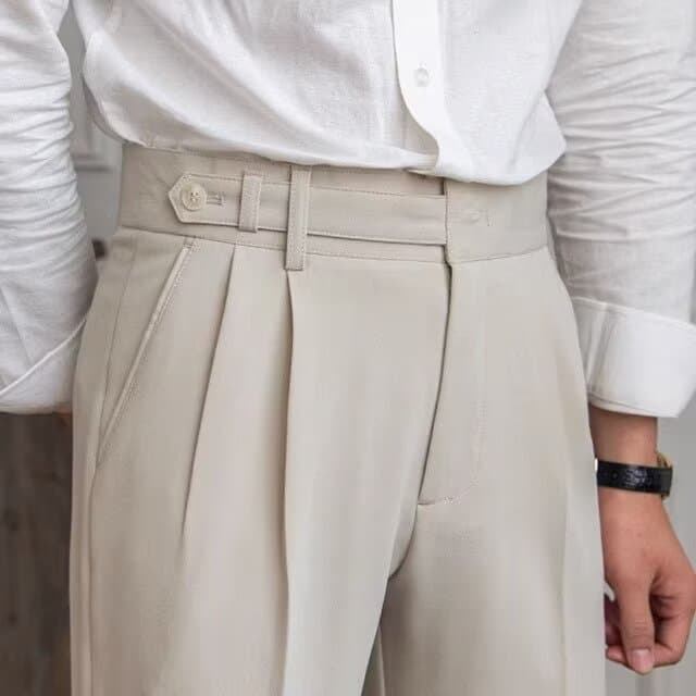 High Waist Men's Casual Straight Leg Suit Pants Paris Button Design Drapey No Ironing Needed Versatile Naples West Pants
