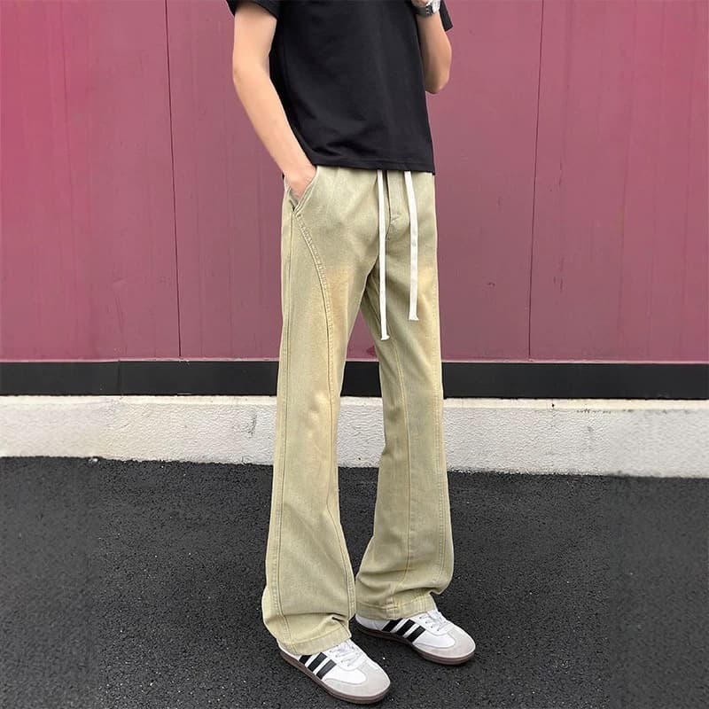 Cross-border 2026 spring and autumn new high street spliced drawstring micro-lagging jeans for men, loose straight pants for teenagers