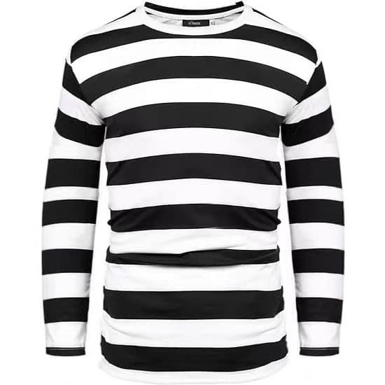 New Style Thief Black and White Striped Top Prisoner Biker Unisex Striped Loose Versatile Crew Neck Long Sleeve T-Shirt Cross-Border