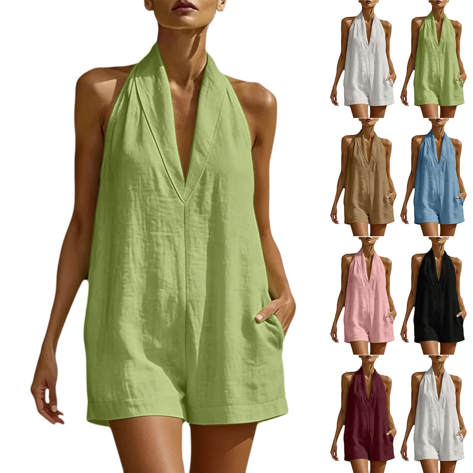 Amazon 2026 Cross-Border European and American Women's Clothing Summer Hot-Selling Solid Color Halter V-Neck Sleeveless Jumpsuit Set for Women