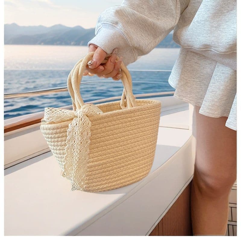 New Cotton Woven Bag, Rustic Handheld Tote Bag for Women, Fashionable and Versatile Vacation Bag, Beach Bag, Storage Bag