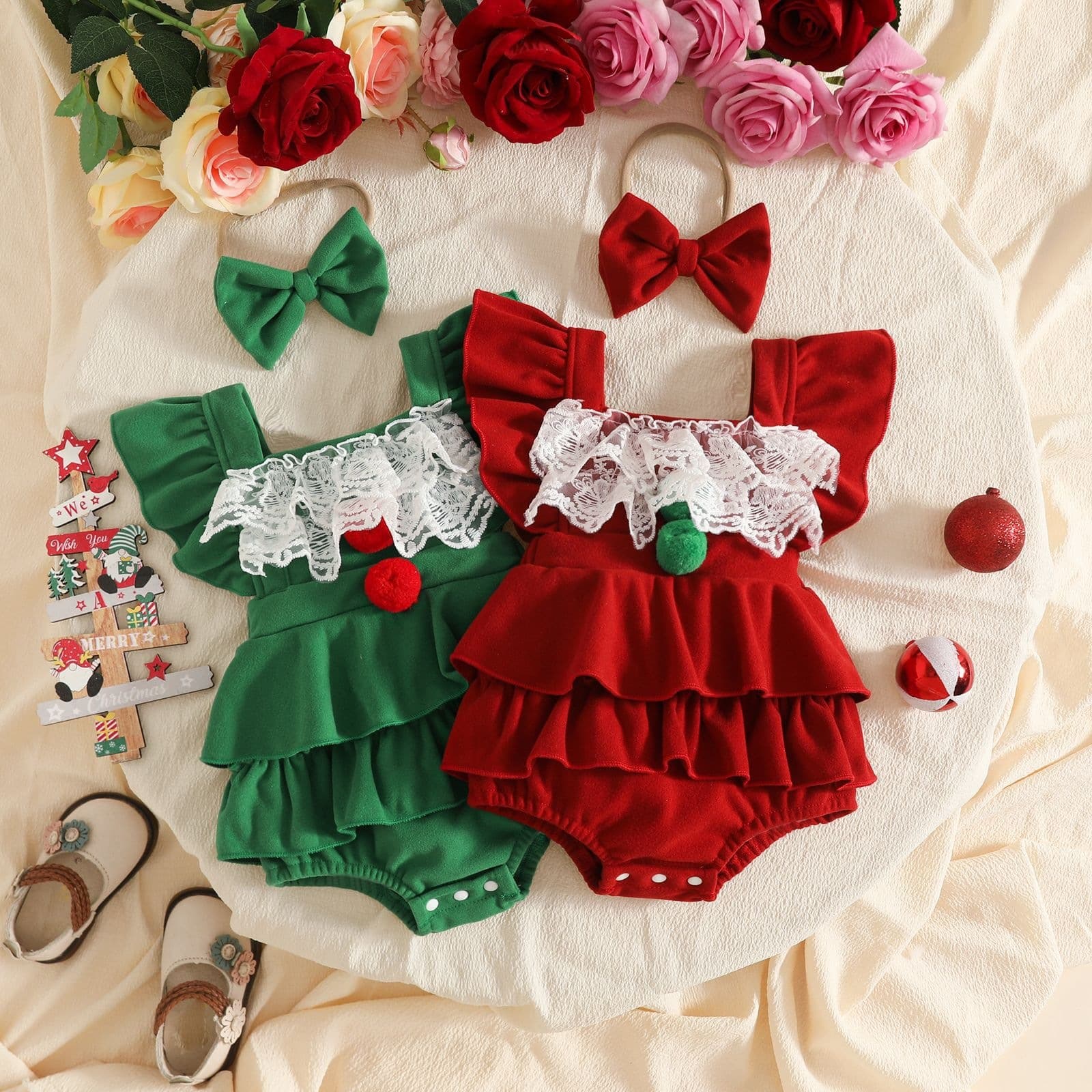 Cross-border baby Christmas ruffled triangle harem new velvet fabric lace ball bag fart clothing hair band
