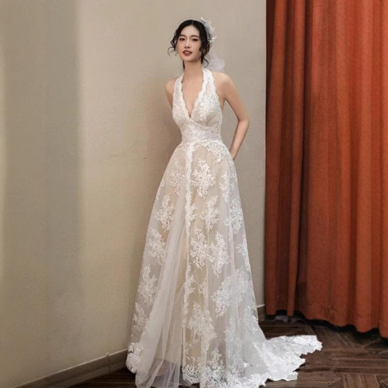 Bride Wedding Morning Robe Evening Banquet Birthday Party Forest Fairy Korean Lace Light Wedding Dress High-End Halter Neck Gown