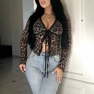 European and American Cross-Border 2026 Fashion New Mesh Leopard Print Women's Top, Foreign Trade Best-Seller V-Neck Lace-Up Tie Top