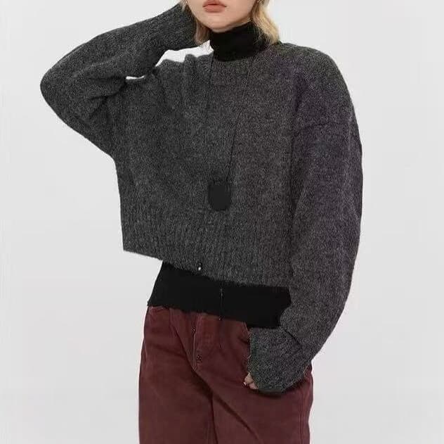 Korean Style Loose Round Neck Knit Sweater for Women Fall/Winter 2026 New Solid Color Pullover Casual Short Top